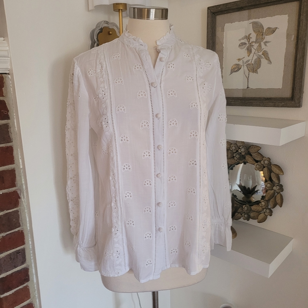 Sundance White Eyelet Blouse Ruffle Size Medium
